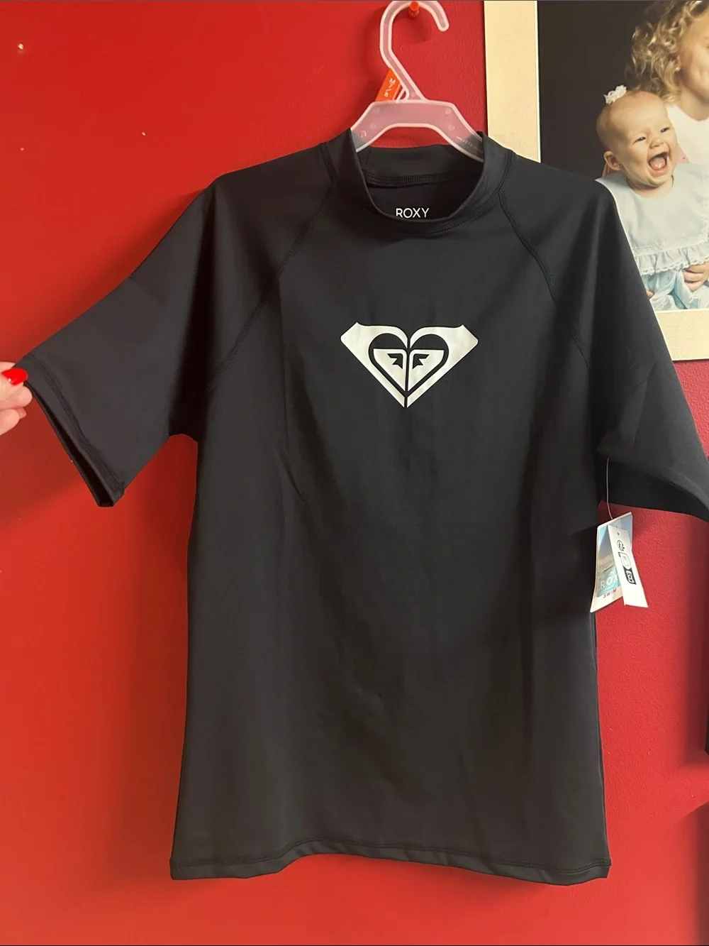 Roxy Black Kids Short-Sleeve Rashguard with White Logo sz 13 swim shirt